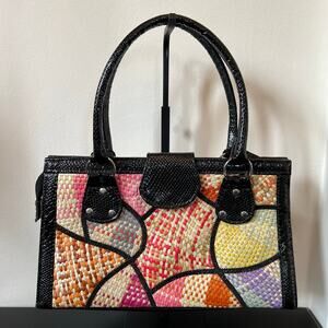 Abstract Print Y2K Multicolor Straw Black Patent Leather Shoulder Bag